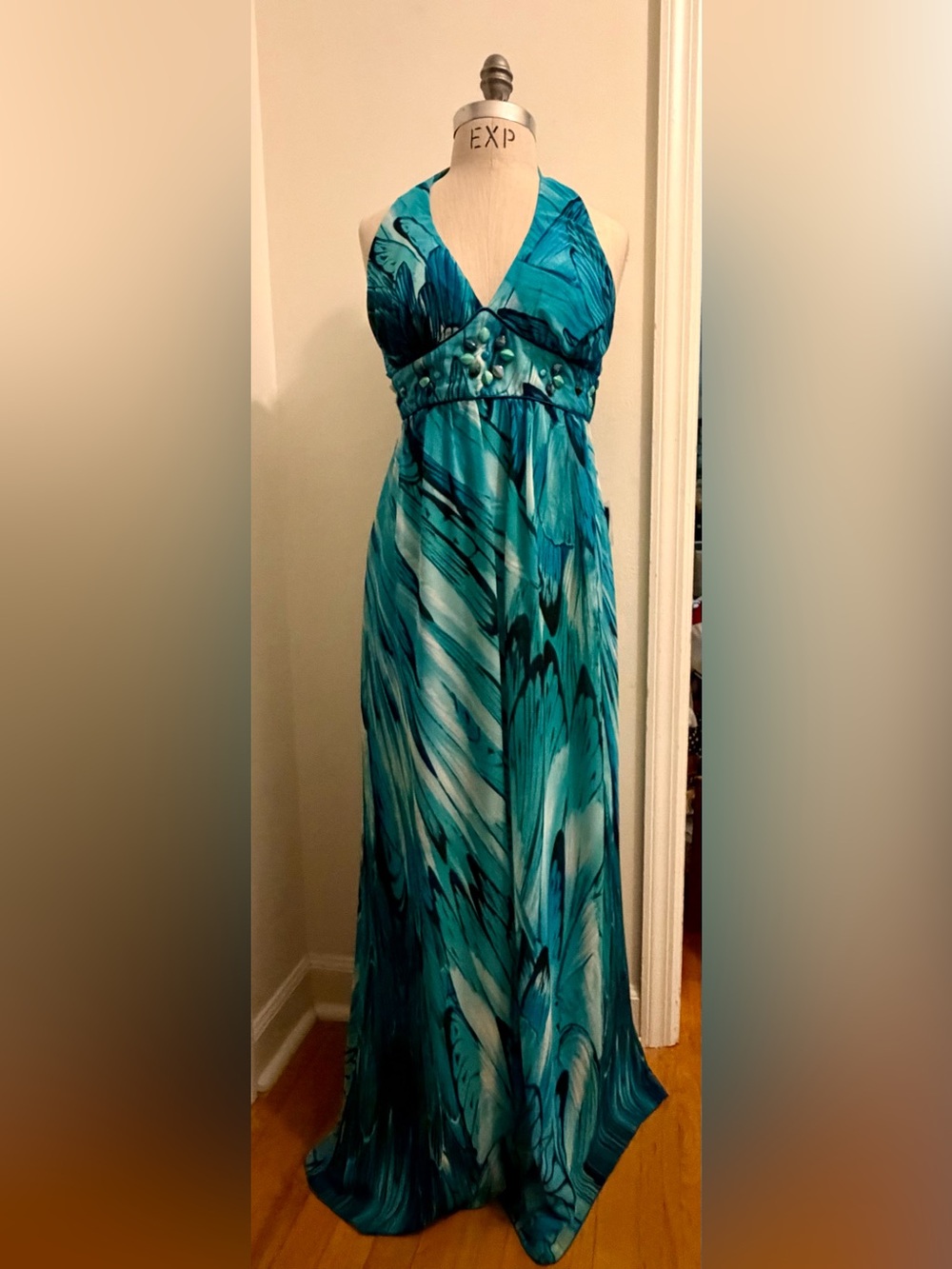 Bisou Bisou Teal Marble-Print Halter Maxi Dress
